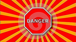 Danger sign on red and cartoon rays, decoration for creative, 3d rendering backdrop
