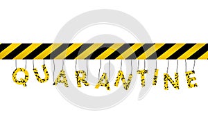 Danger Sign Ribbon. Yellow tapes, bands, strips. The letters quarantine, grunge, are suspended on a string. Vector illustration.