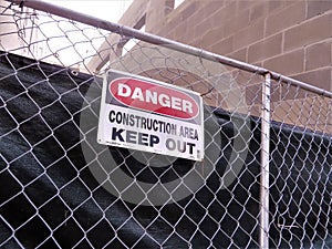 Danger sign at urban construction site, Tampa, Florida