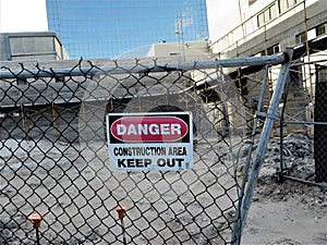 Danger sign at urban construction site, Tampa, Florida