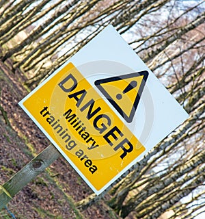 A danger sign warning of a military training area