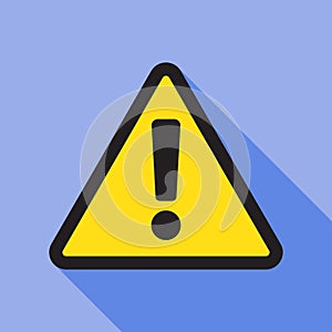 Danger sign, warning sign, attention sign. Danger warning attention icon in flat style with shadow on blue background