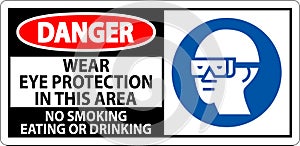 Danger Sign Wear Eye Protection In This Area, No Smoking Eating Or Drinking