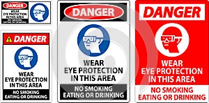 Danger Sign Wear Eye Protection In This Area, No Smoking Eating Or Drinking