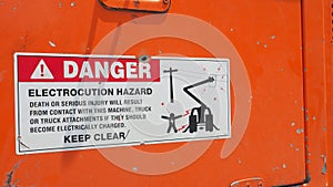 Danger sticker sign and symbol on electrocution hazard machine