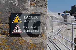 Danger sudden drop sign yellow warning triangle with symbol of man falling from a cliff edge and keep children under control sign