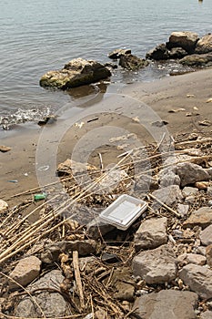 Danger to the environment - pollution of the world`s oceans with plastic, garbage. World Oceans Day - save water from pollution