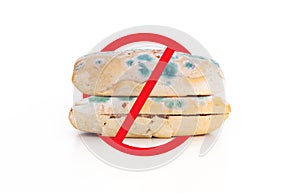 Danger, toxic and expired foods. Old expired sandwich breads with not allow sign symbol, isolated on white background