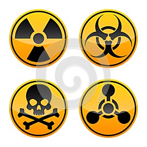 Danger vector sign set. Radiation sign, Biohazard sign, Toxic sign, Chemical Weapons Sign.