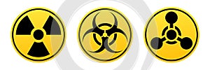 Danger vector signs. Radiation sign, Biohazard sign, Chemical Weapons Sign.