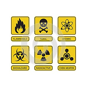 Danger warning circle yellow sign. Radiation sign, Toxic sign and Bio hazard vector icon.