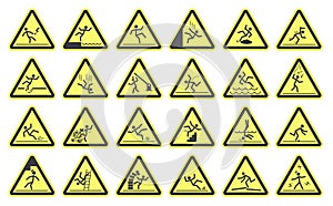 Danger warning signs. Triangular yellow signs. Different types of danger