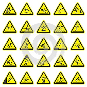 Danger warning signs. Triangular yellow signs. Different types of danger