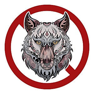 Danger of wild animals. The head of a wolf with a tribal pattern in a red prohibition sign. Ban on predators. Vector forbidden