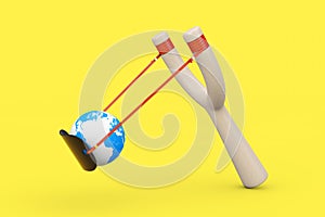 Danger Wooden Slingshot Toy Weapon with Earth Globe. 3d Rendering