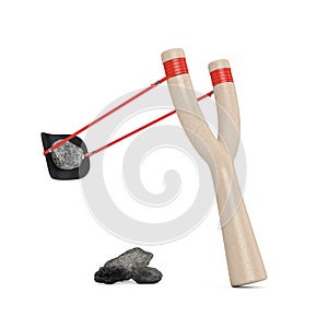 Danger Wooden Slingshot Toy Weapon with Stones. 3d Rendering