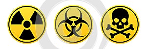 Danger yellow vector signs. Radiation sign, Biohazard sign, Toxic sign.