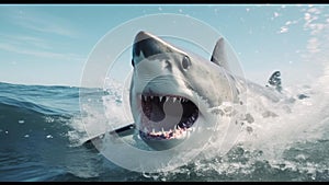 Danger zone. Dangerous waters. A huge white shark jumping out of water.