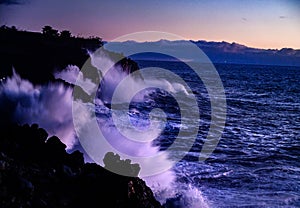 Dangerious ocean stormy waves hits black lava rocks on La Palma island, Canary, Spain