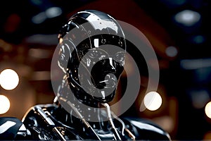 Dangerous AI - Aggressive Looking Black Colored Male Android Robot with Dark Eyes, created with Generative AI technology