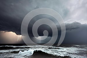 Dangerous approaching storm over ocean natural disaster background with broken wavy foamy water surface under dark blue