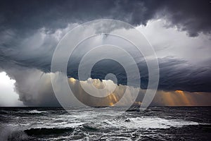 Dangerous approaching storm over ocean natural disaster background with broken wavy foamy water surface under dark blue