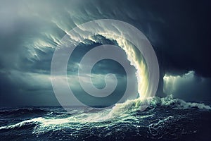 Dangerous approaching storm tornado over sea or ocean natural disaster background with broken wavy foamy water surface