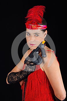 Dangerous beautiful brunette in 1920 style attire red dress feat