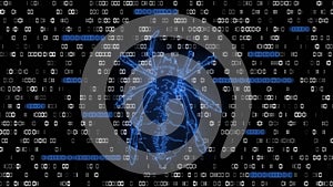 Dangerous bright blue low poly spider over binary code background - stylized hacker attack in matrix style