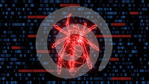 Dangerous bright red low poly spider over binary code background - stylized hacker attack in matrix style