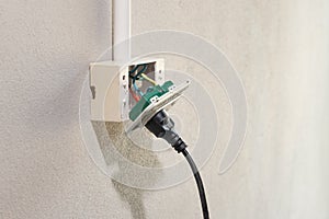 Dangerous broken electrical socket falling out of wall