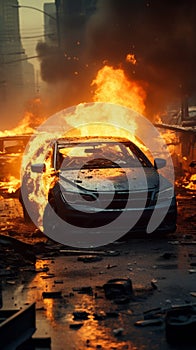 Dangerous car crash scene with a fiery aftermath on the road