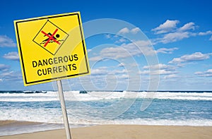 Dangerous currents sign on a beach