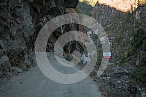 Dangerous curvy winding mountain road at Dharapani village over Marshyangdi river