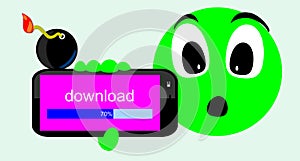 Dangerous download. Toxic discharge, danger. A bomb on the mobile phone and green doll.