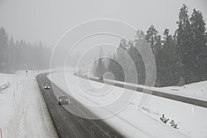 Dangerous driving, snow-covered interstate highway