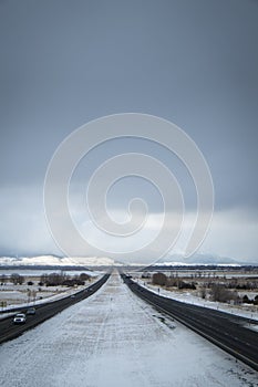 Dangerous driving, snow-covered interstate highway