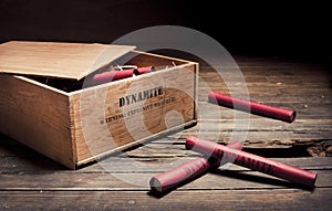 Dangerous dynamite sticks on wooden a box