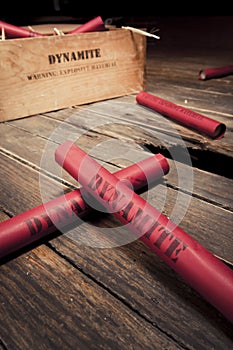 Dangerous dynamite sticks on wooden a box