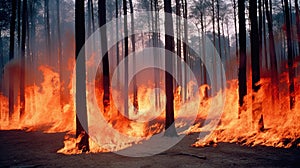 Dangerous forest fire. Burning flames in the woods. Controlled burn. Trees in smoke.