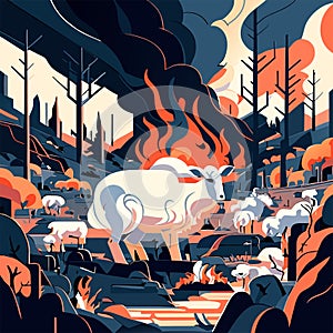 Dangerous forest fire with flock of sheep. Cartoon vector illustration. generative AI