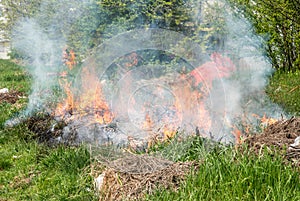 Dangerous grass fire with big flames and cloud of smoke in the city park near building in urban residential district selective foc