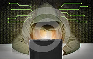 Dangerous hacker behind a laptop screen. Hacking and malware concept, cybersecurity. Digital crimes