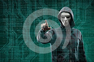 Dangerous hacker over abstract digital background with binary code. Obscured dark face in mask and hood. Data thief