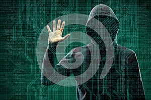 Dangerous hacker over abstract digital background with binary code. Obscured dark face in mask and hood. Data thief