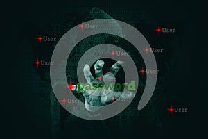 Dangerous hacker stealing data over screen with binary code.