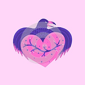 Dangerous heart. Creative Valentines Day card. Contemporary art. Mystical vector illustration in pink and purple colors