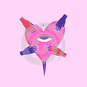 Dangerous heart. Creative Valentines Day card. Contemporary art. Mystical vector illustration in pink and purple colors