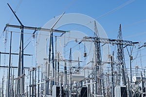 Dangerous High Voltage Electrical Power Substation against cloudless blue sky XII