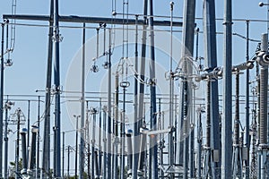 Dangerous High Voltage Electrical Power Substation against cloudless blue sky XIV